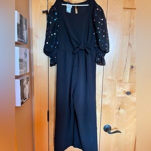 Iris & Ivy black romper with sheer polka dot sleeves